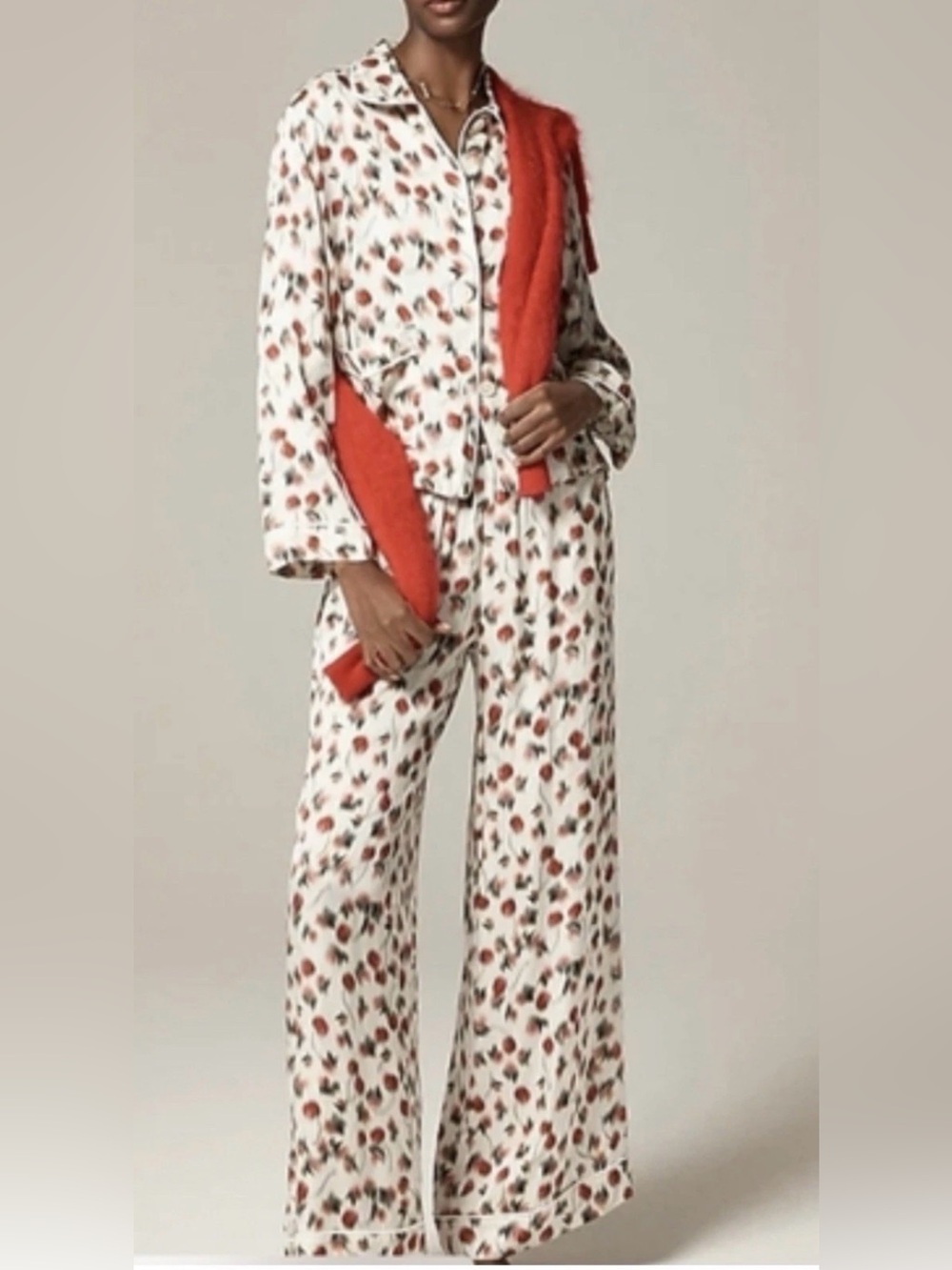 J. Crew Cream Button-Front Floral set  Pajamas with Rust Accents